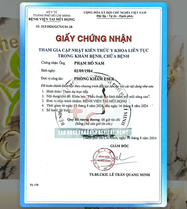 Bác sĩ phẫu thuật thẩm mỹ tại TP.HCM - Giấy chứng nhận tham gia đào tạo y khoa liên tục