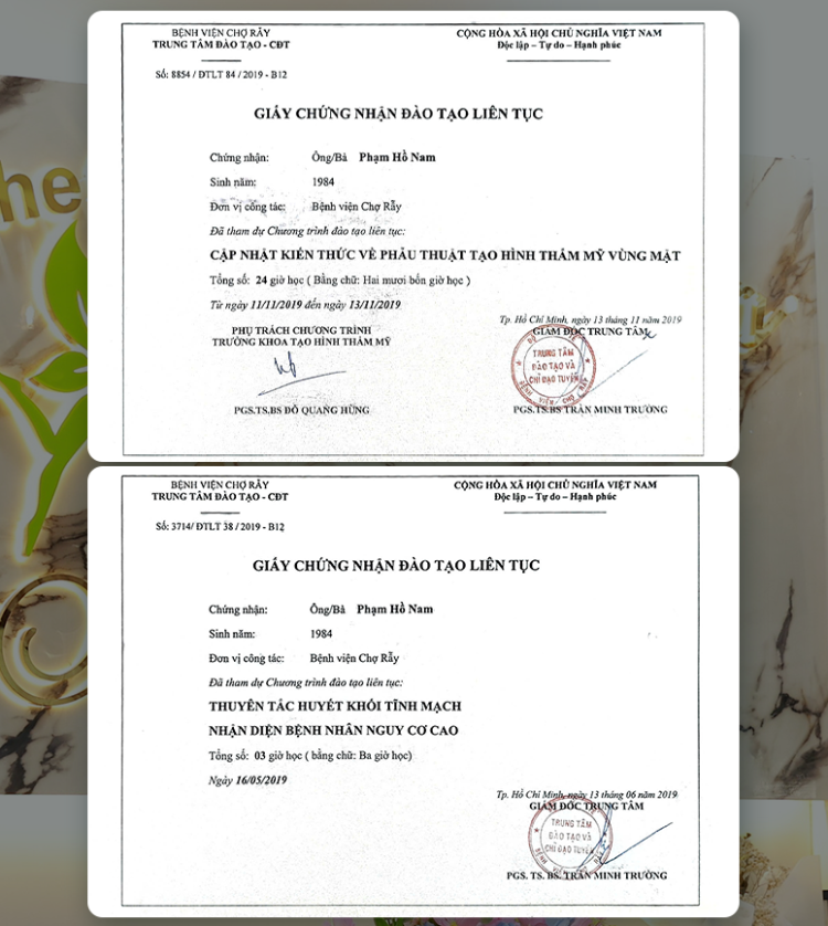 Bác sĩ thẩm mỹ uy tín tại TP.HCM - Chứng chỉ đào tạo liên tục