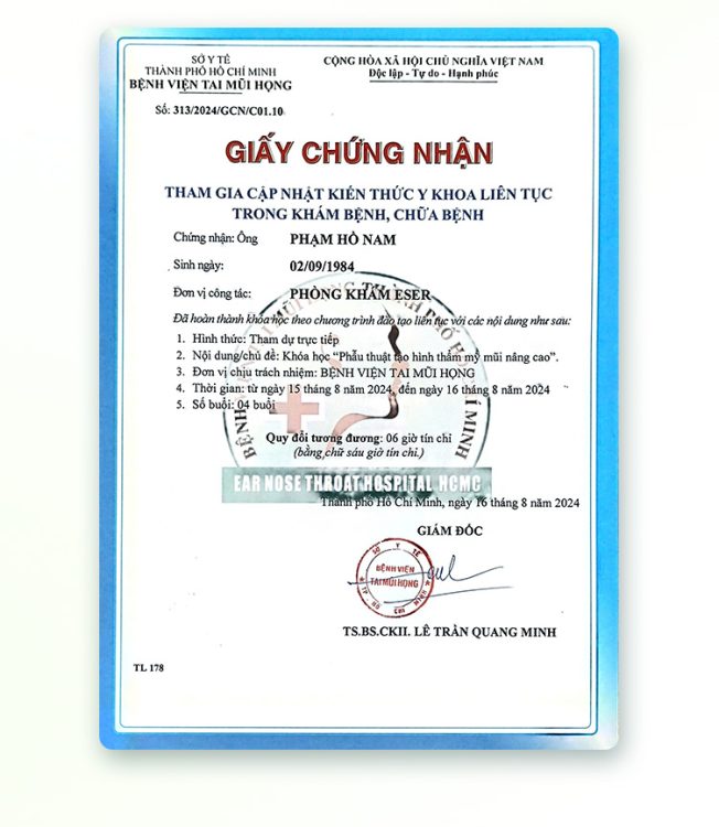 Bác sĩ phẫu thuật thẩm mỹ tại TP.HCM - Giấy chứng nhận tham gia đào tạo y khoa liên tục